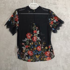 Women's Black Floral Print Blouse Sheer with Lace Trim by Lily White  Size Small